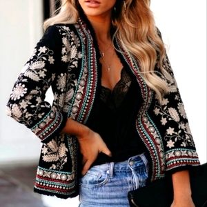 Lovestitch Gorgeous Boho Bold Multicolor Embroidered Open Fringe Jacket